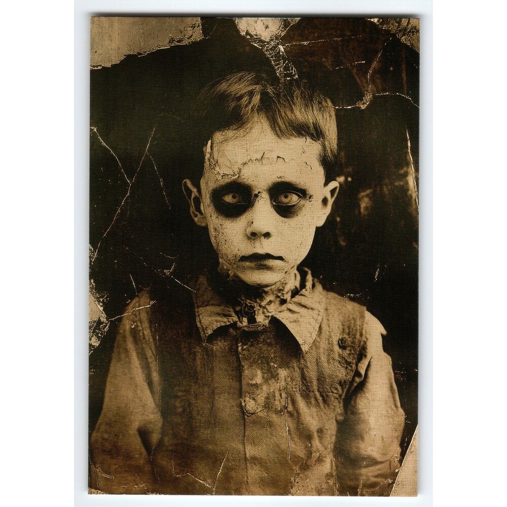 Vintage Halloween Photochrome Postcard Creepy Boy with Dark Eyes 5.5x4"